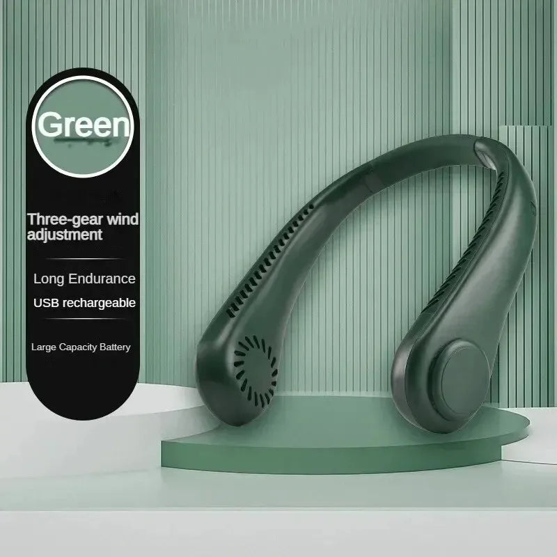 2025 Long endur New Mini Neck Mounted Fan Portable Bladeless Neck Rechargeable Air Cooler 3 Speed Mini Summer Sports Fan Outdoor